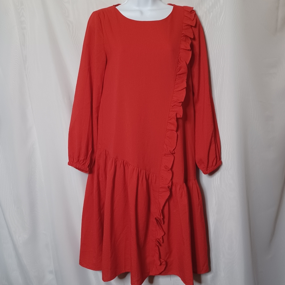 Yakira Bella Women's Red Round Neck Ruffle Midi Dresss. XS